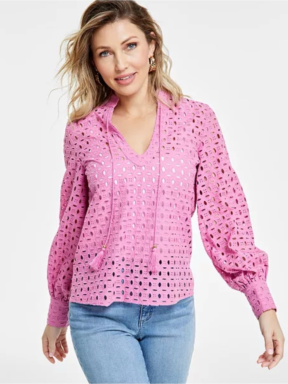 Calypso St. Barth NWT Pink Eyelet Boho Blouse Long Sleeve Tassel Tie Top